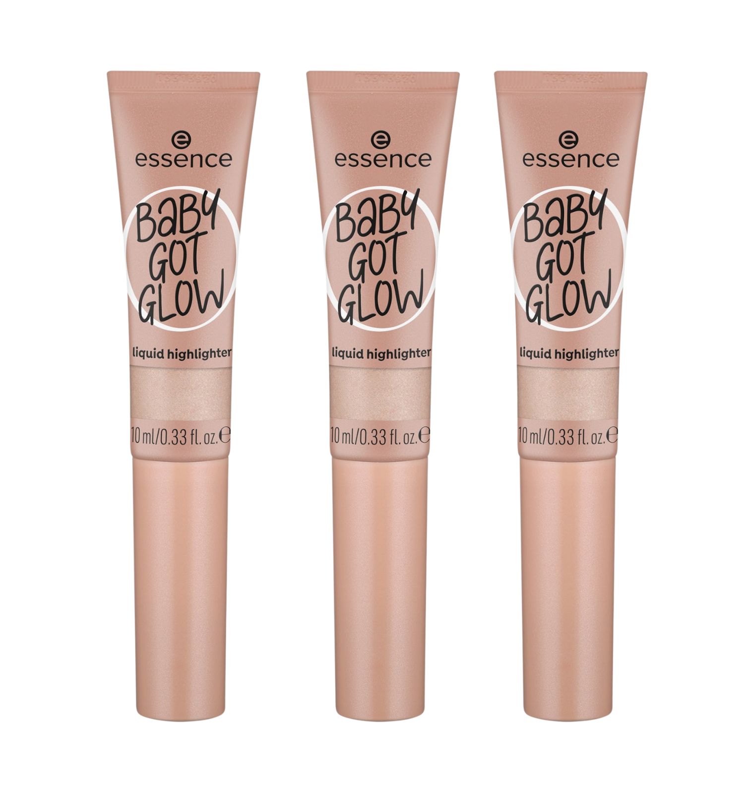 Drei Tuben Essence BABY GOT GLOW Liquid Highlighter. Rosa Tube mit schwarzer Schrift. 10 ml/0.33 fl. oz.
