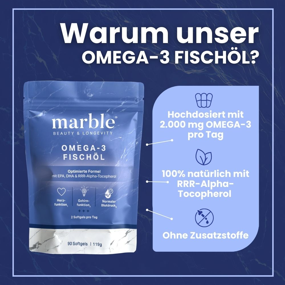 Beutel mit marble® Omega-3 Fischöl Softgels. Enthält 90 Softgels. Text: 2.000 mg Omega-3 pro Tag, 100% natürlich, ohne Zusatzstoffe.