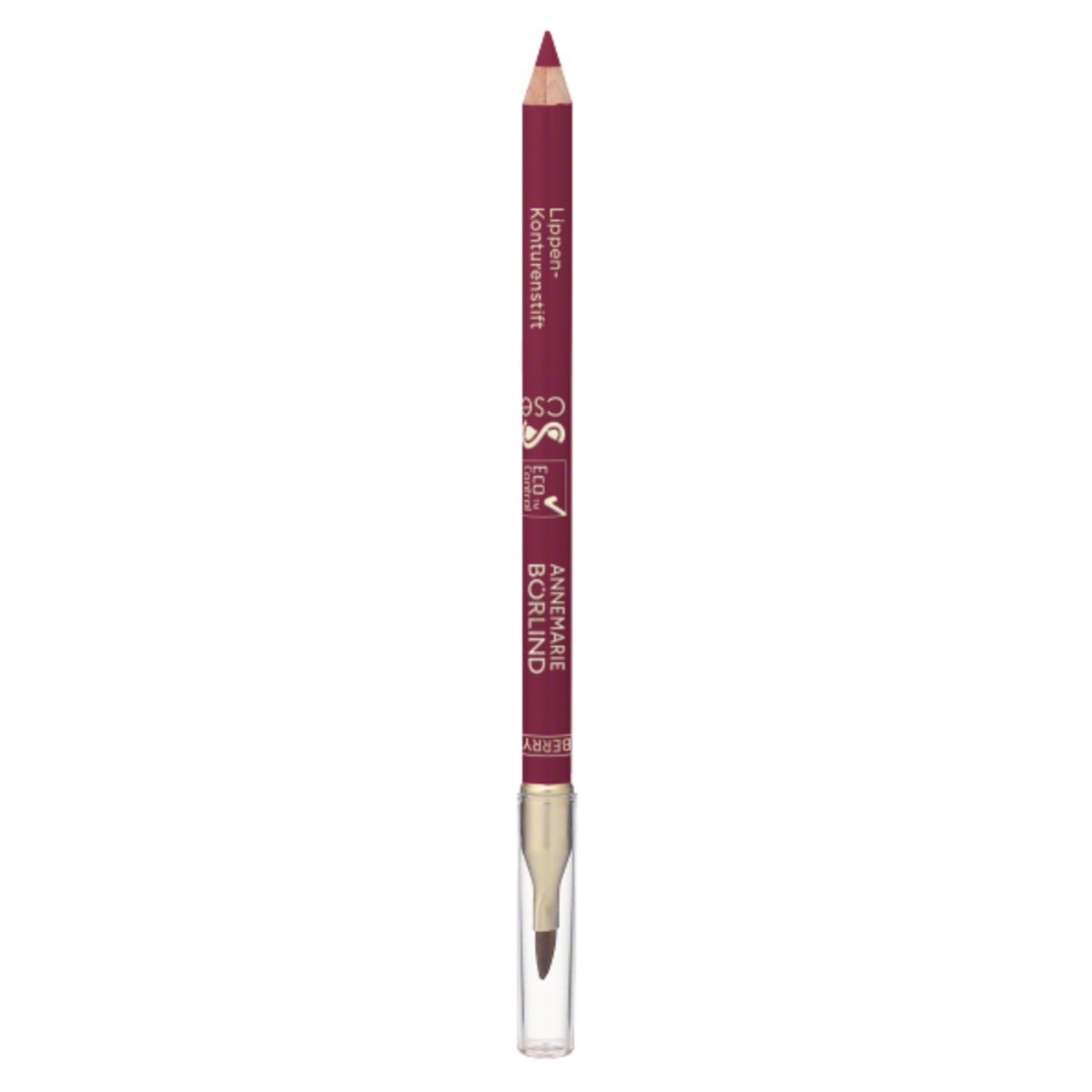 Lippenkonturenstift von Annemarie Börlind. Dunkelroter Stift mit transparenter Kappe. Text: Lippen-Konturenstift, Börlind, CSE.