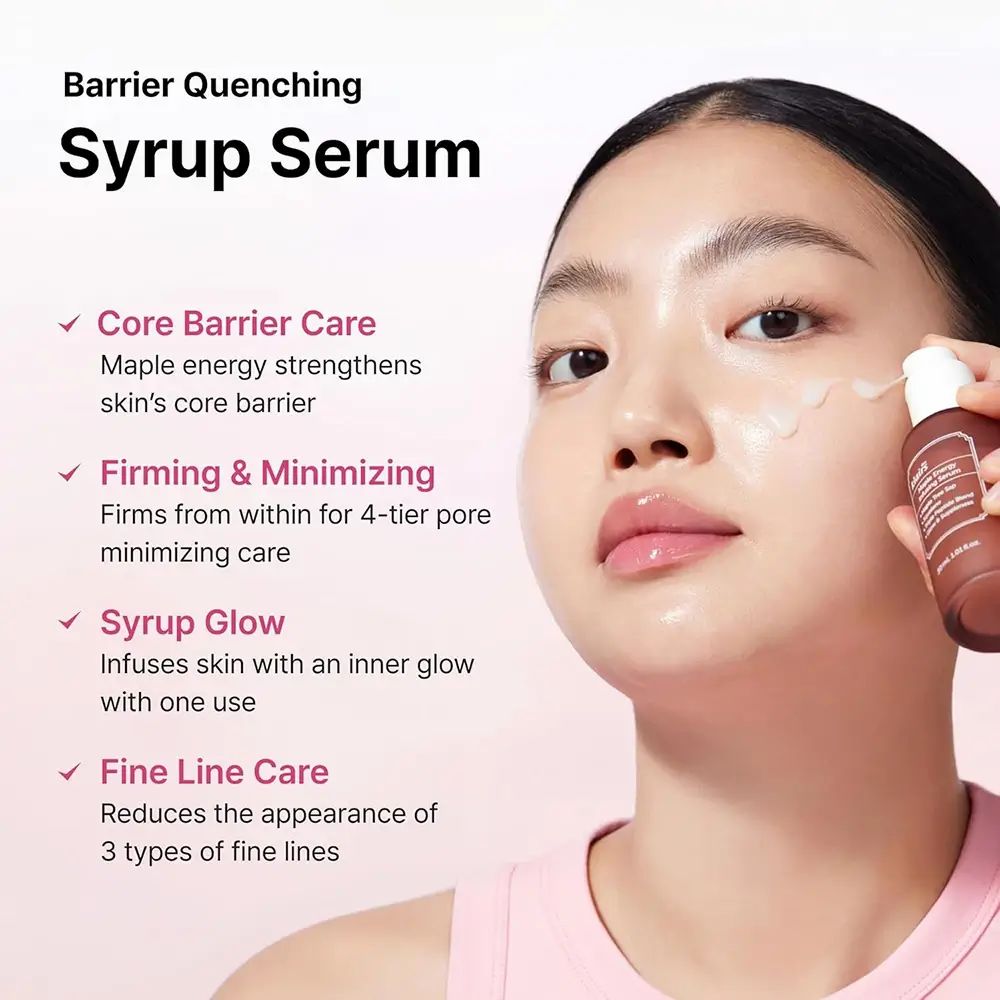 Frau hält Serumflasche. Text: Core Barrier Care, Firming & Minimizing, Syrup Glow, Fine Line Care.