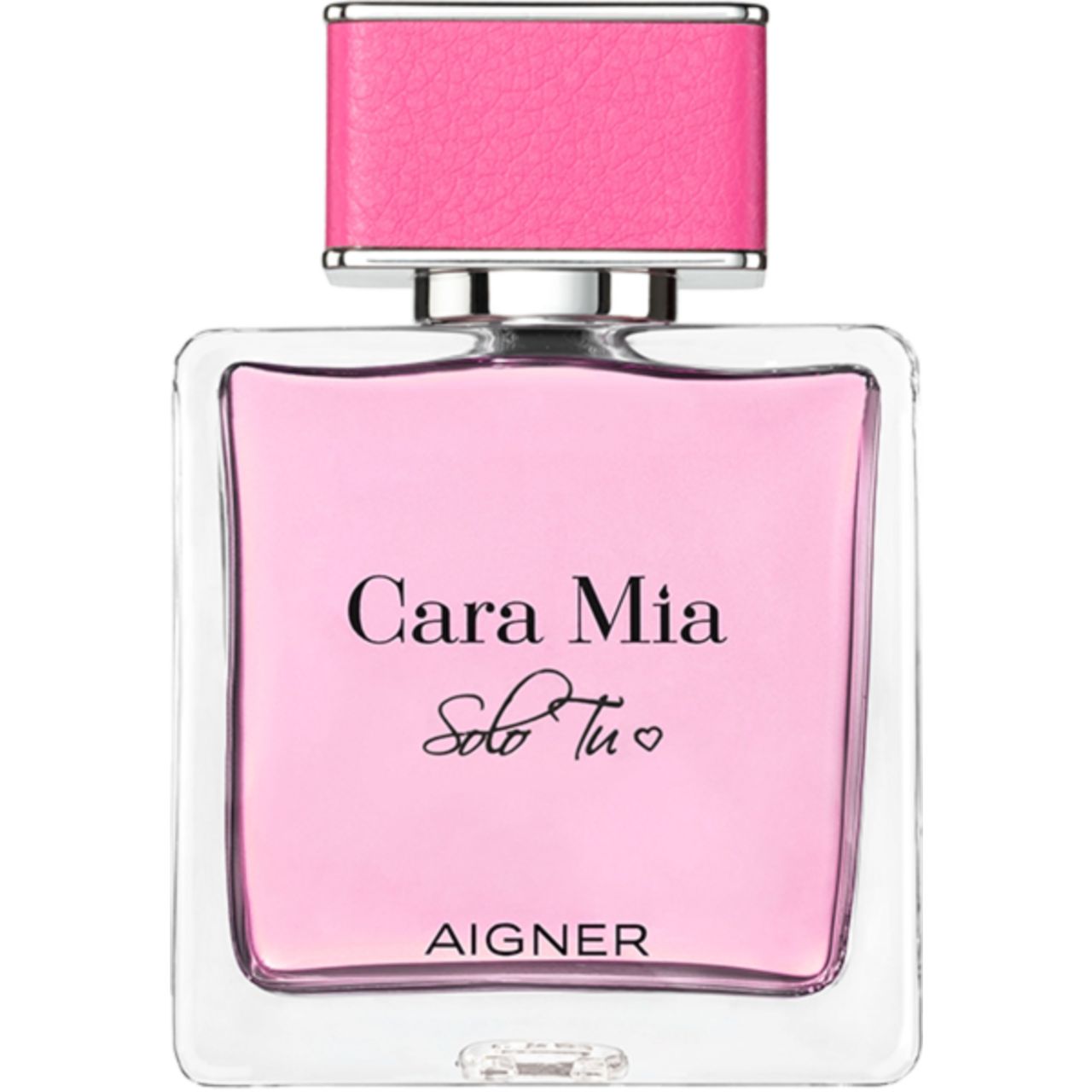 Aigner Cara Mia Solo Tu EdP Nat. Spray. Eckiger Flakon mit rosa Flüssigkeit. Rosa Verschlusskappe. Schriftzug 'Cara Mia Solo Tu'.