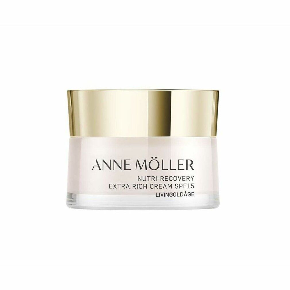 Creme-Glas mit goldenem Deckel. Aufschrift: ANNE MÖLLER, Nutri-Recovery, Extra Rich Cream SPF15, Livingoldâge.