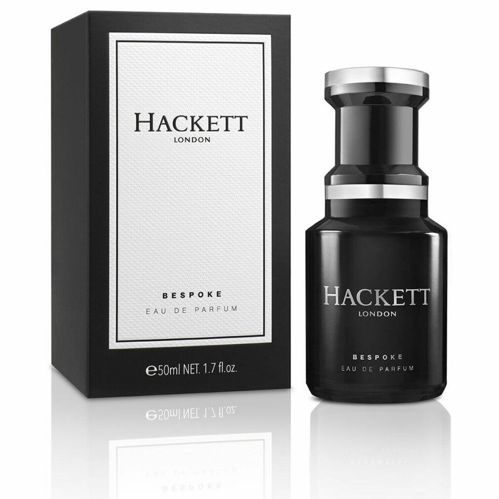 Schwarzer Flakon und Schachtel. Aufschrift: HACKETT LONDON, BESPOKE, EAU DE PARFUM. 50ml NET. 1.7 fl.oz.