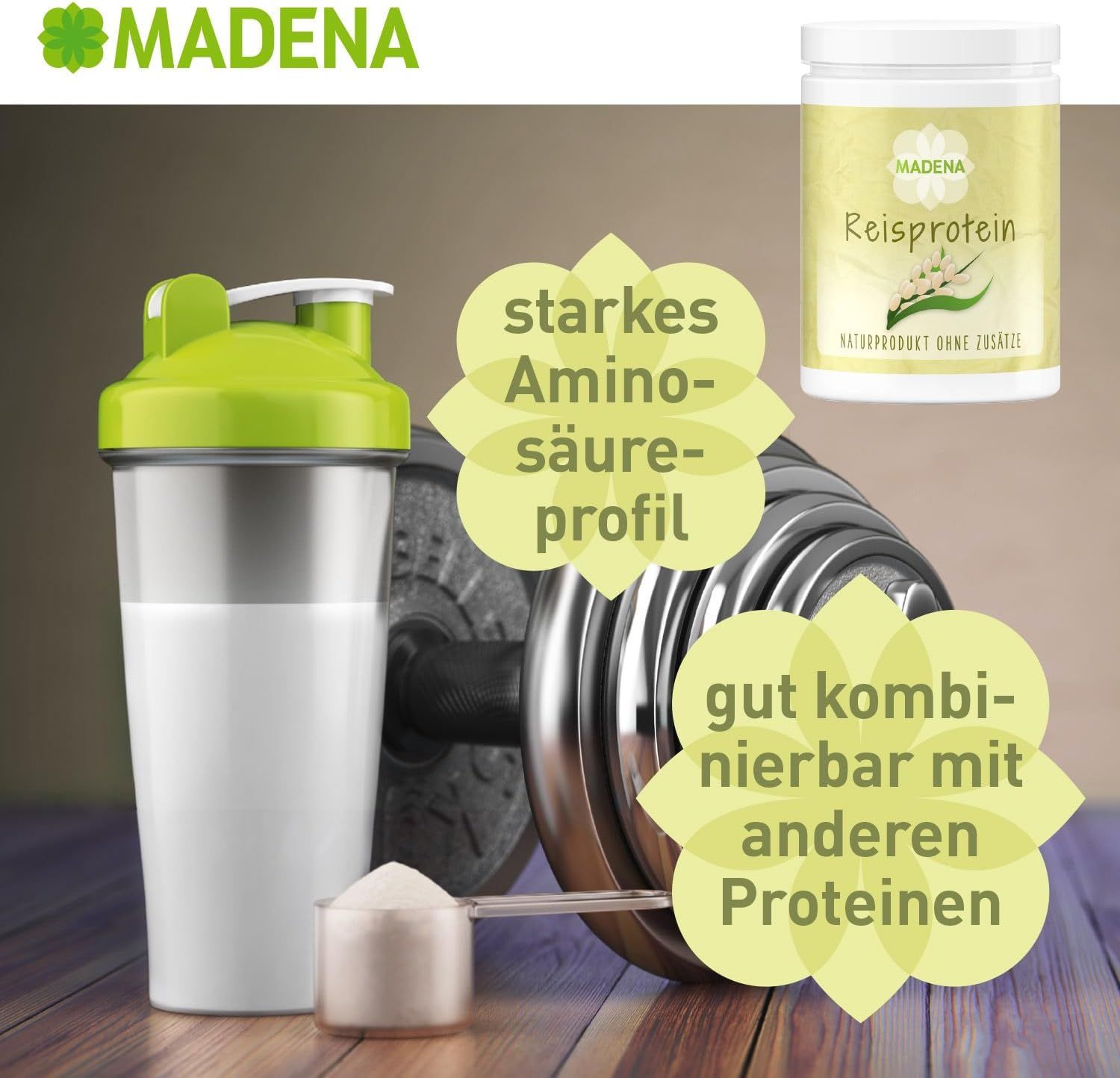 Shaker, Dose mit Produktnamen, Hantel. Textblasen: Starkes Aminosäureprofil, gut kombinierbar mit anderen Proteinen.
