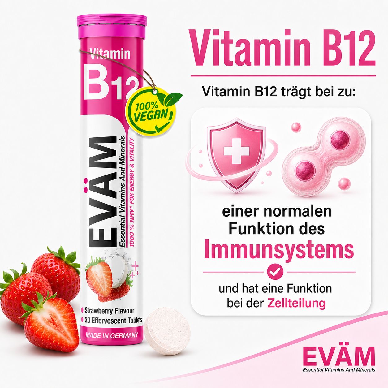 EVÄM Vitamin B12 Brausetabletten: Unterstützt Immunsystem und Zellteilung. Mit Erdbeeren und 100% vegan Siegel.