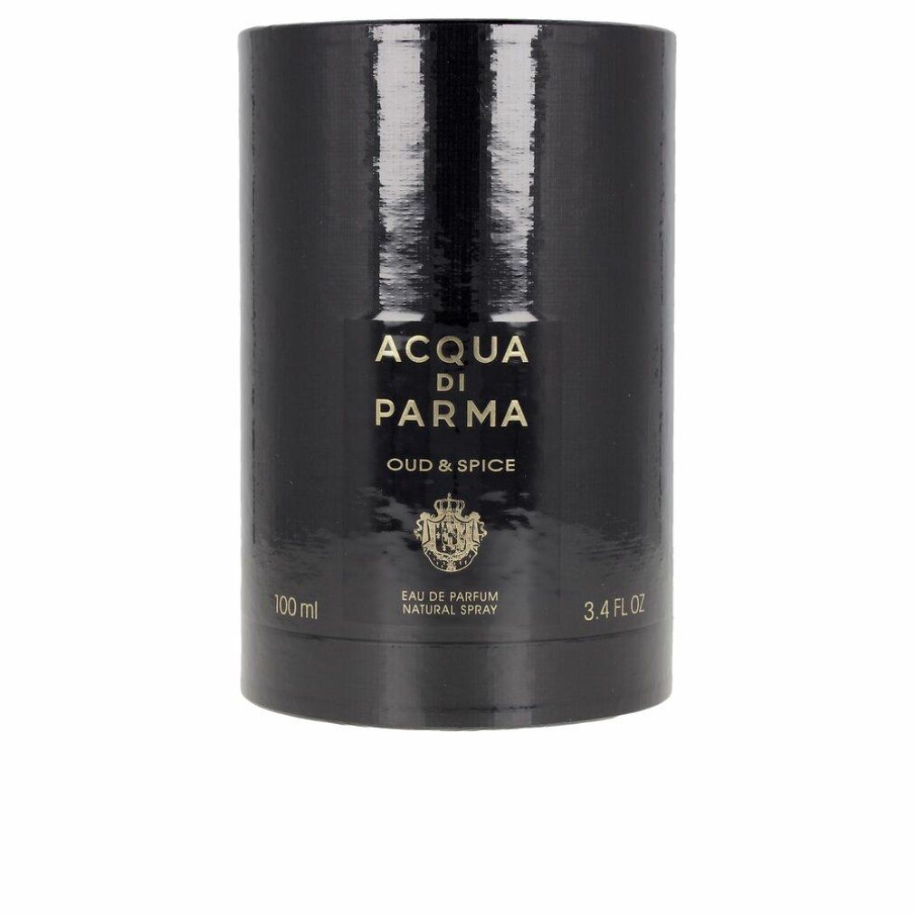 Zylindrische Verpackung mit Aufschrift ACQUA DI PARMA, OUD & SPICE. Goldfarbene Schrift. 100 ml.