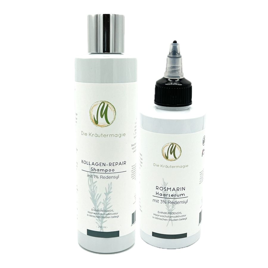 Zwei Flaschen: Shampoo und Haarserum. Text: Kollagen-Repair Shampoo, Rosmarin Haarserum. Logo: Die Kräutermagie.