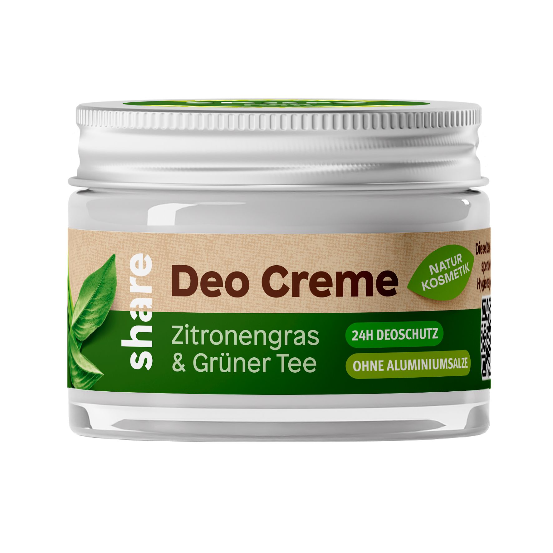 Glasbehälter mit Deckel. Aufschrift: Deo Creme, Zitronengras & grüner Tee. Naturkosmetik-Siegel. Ohne Aluminiumsalze.