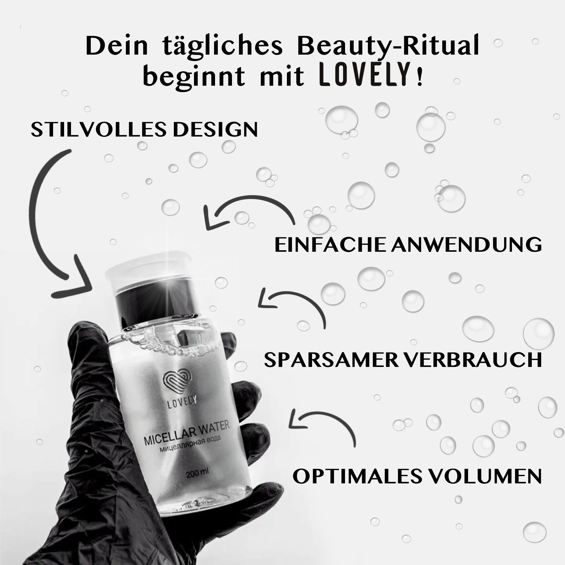 Eine Flasche Mizellenwasser mit Pfeilen und Text. Text: Stilvolles Design, einfache Anwendung, sparsamer Verbrauch, optimales Volumen.