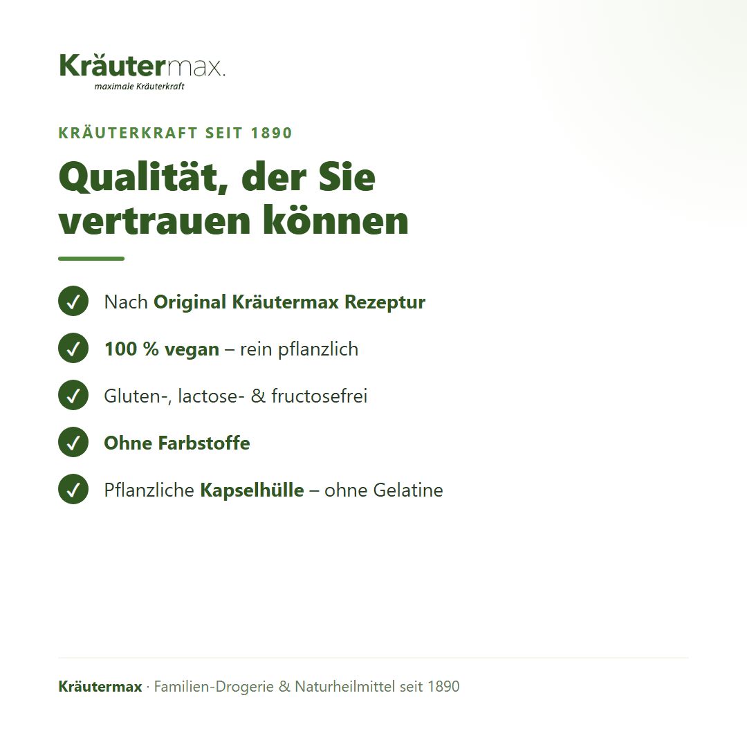 Liste mit Haken: Original Kräutermax Rezeptur, 100% vegan, glutenfrei, ohne Farbstoffe.