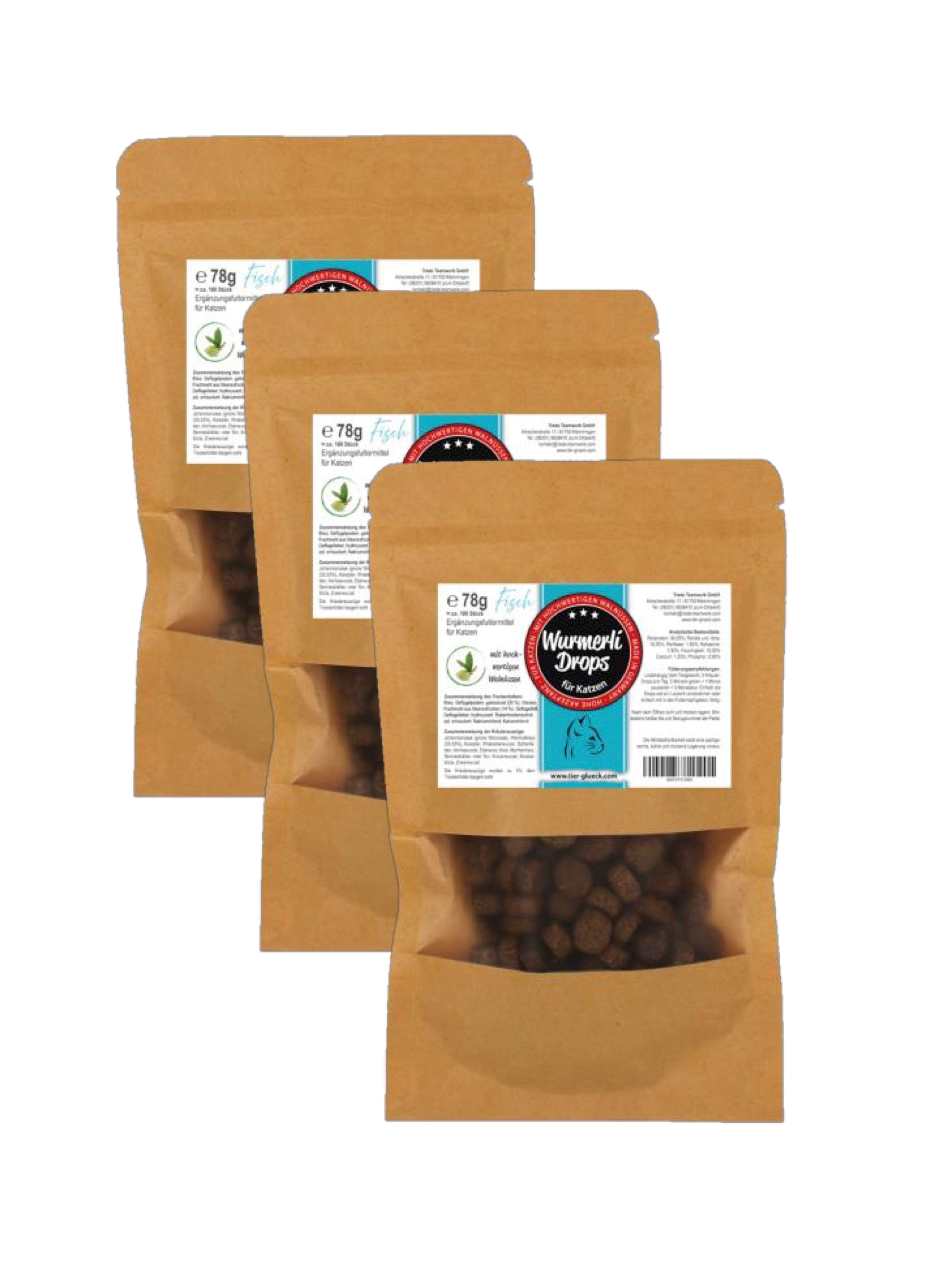 TierGlück Wurmerli Drops Katze Fisch – Vorteilspack Katzen-Leckerlis, Walnuss & Wermut 78 g Futter