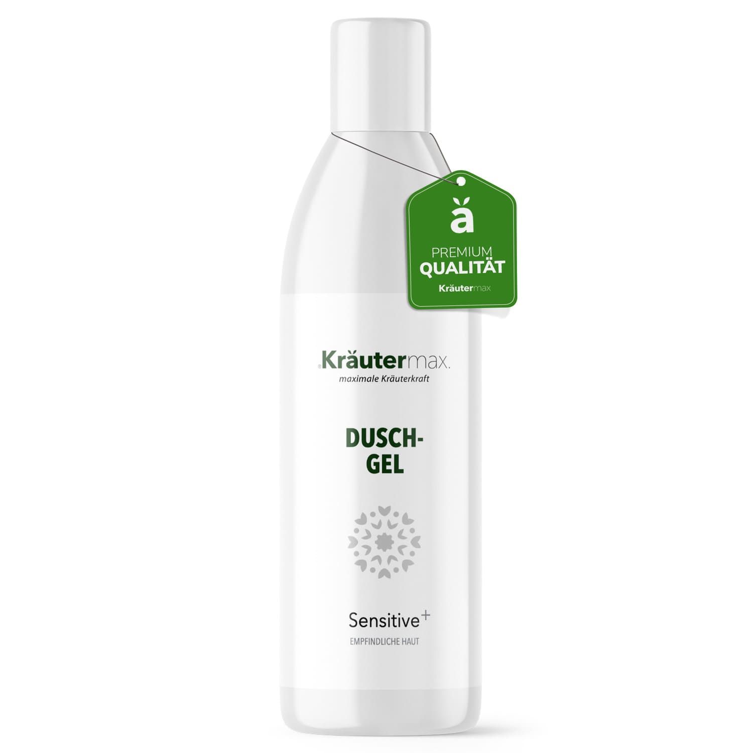 Weißliche Flasche mit grünem Anhänger. Aufschrift: Kräutermax Duschgel Sensitive. Premium Qualität.