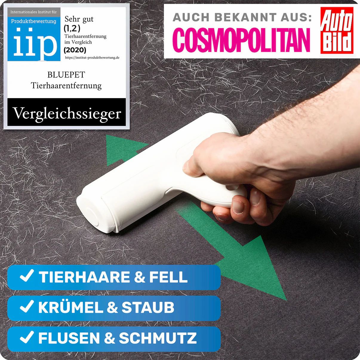 Weißer Tierhaarentferner in Anwendung. Grüne Pfeile und Text: Tierhaare & Fell, Krümel & Staub, Flusen & Schmutz.