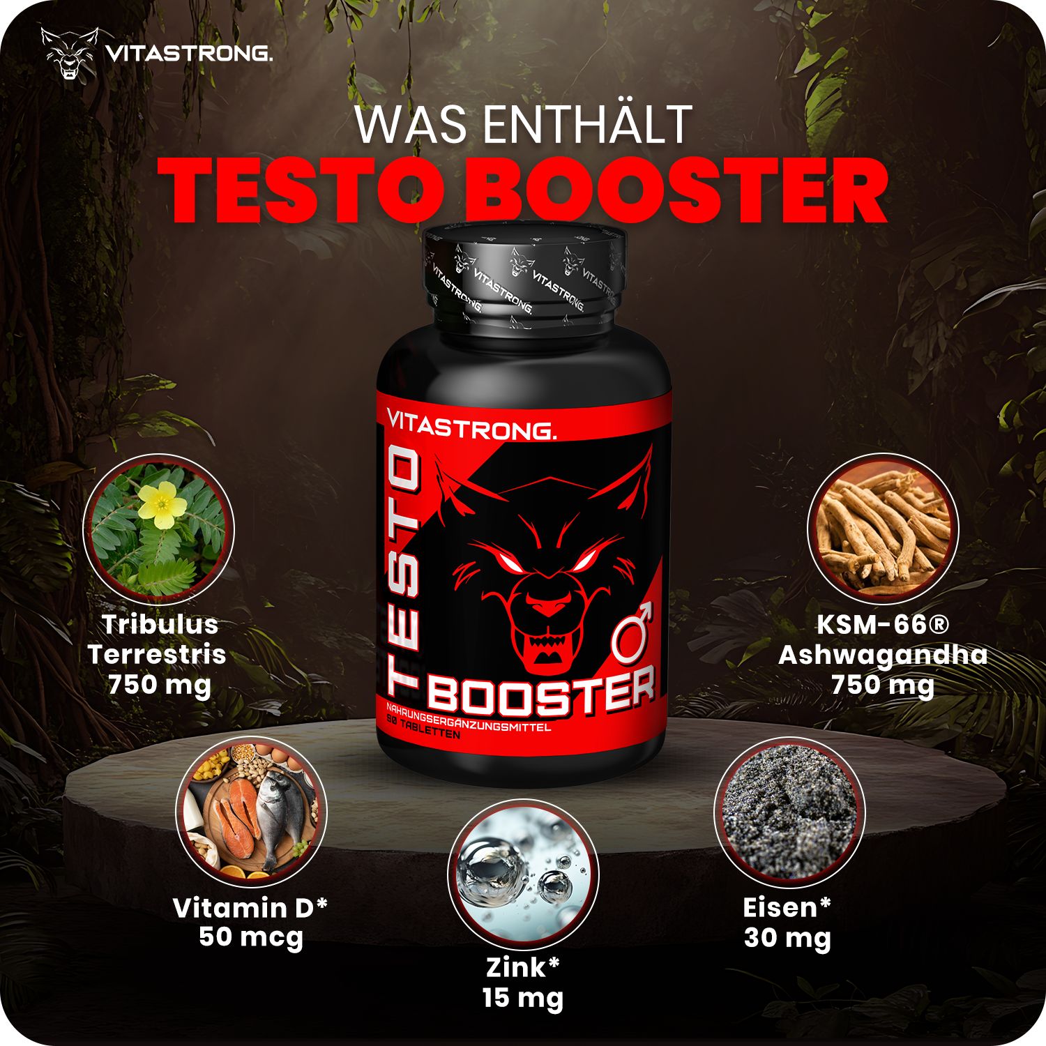 Vitastrong Testobooster Flasche. Enthält Tribulus, Ashwagandha, Vitamin D, Zink, Eisen. Produktinformationen.