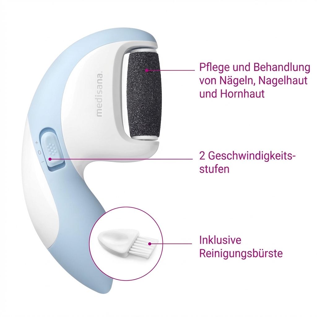 Elektrischer Hornhautentferner mit zwei Geschwindigkeitsstufen und Reinigungsbürste.
