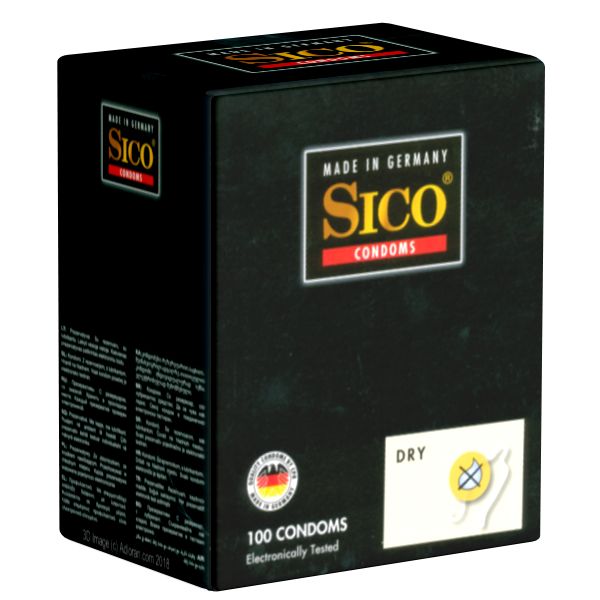 Schwarze Verpackung mit Sico-Logo und Aufschrift "100 Kondome". Trockene Kondome. Hergestellt in Deutschland.