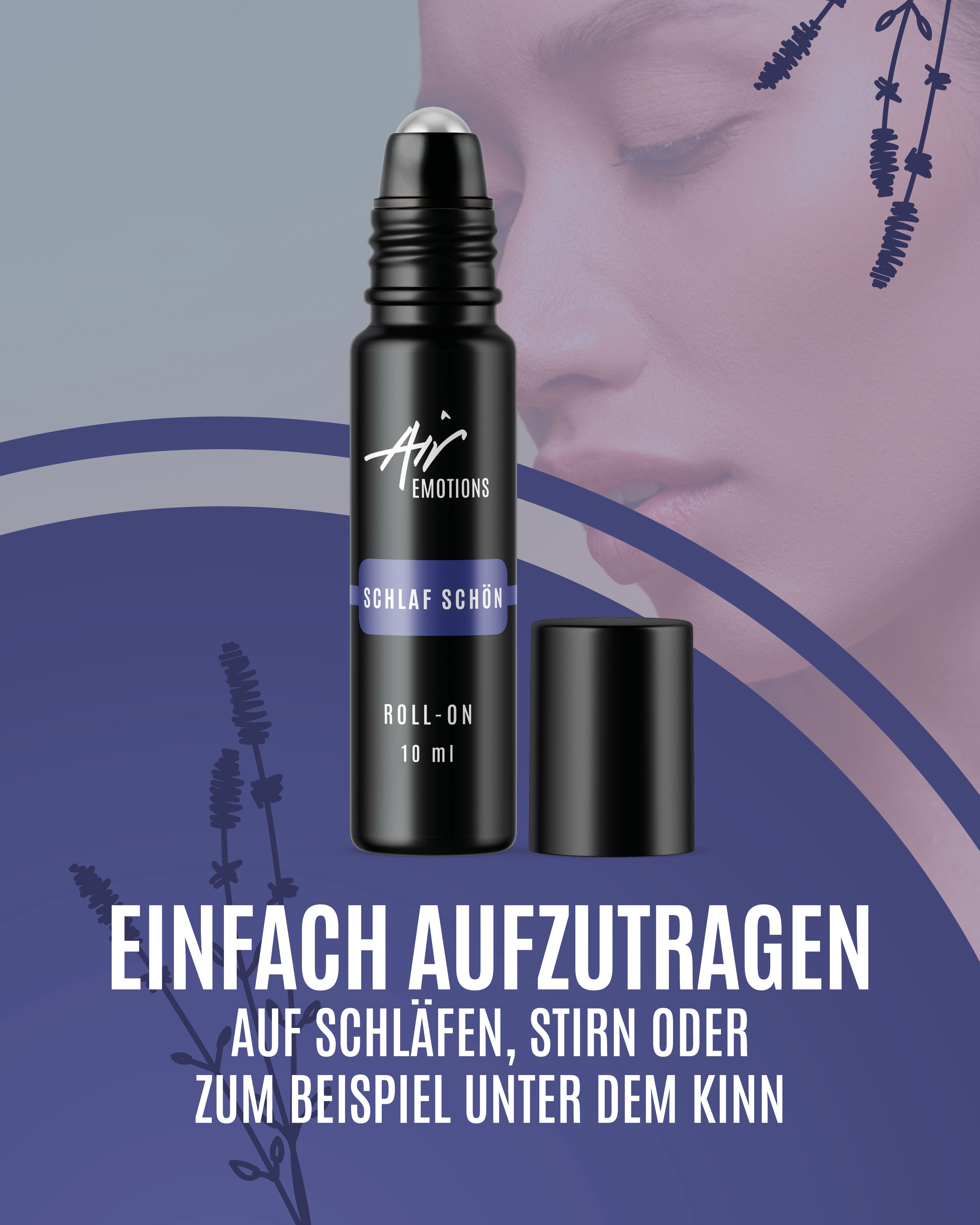 Schwarze Roll-On-Flasche mit "Schlaf schön" Aufschrift. Deckel daneben. Hintergrund: Frauengesicht.