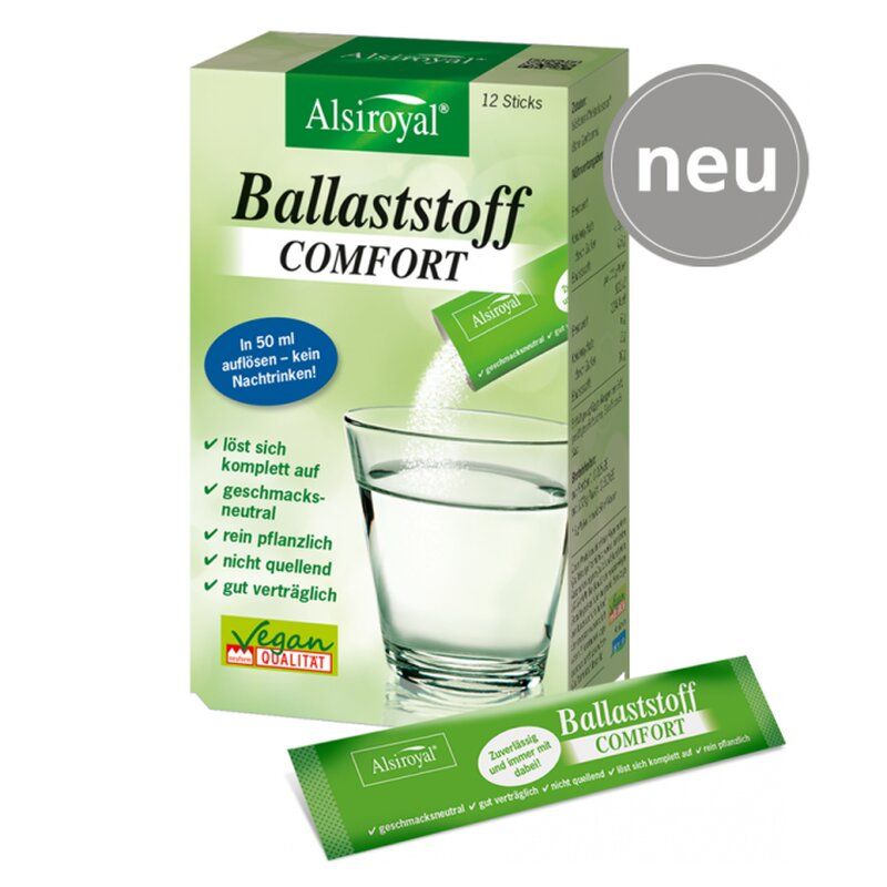 Grüne Verpackung mit "Alsiroyal Ballaststoff Comfort". Ein Beutel wird in ein Glas Wasser geleert. "Vegan"-Siegel. "Neu"-Label.
