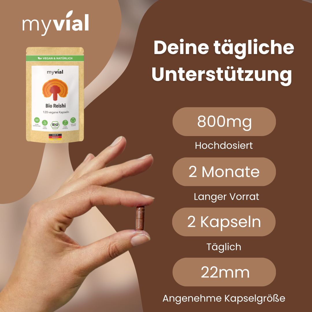 myvial® Bio Reishi Kapseln - reines Fruchtkörperpulver des Reishi-Pilzes - 800 mg hochdosiert