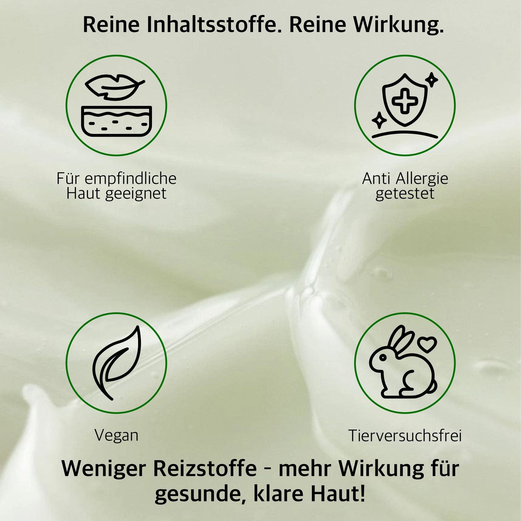Simboli e testo. Testo: Per pelli sensibili, anti-allergico, vegano, cruelty-free. Meno irritanti.