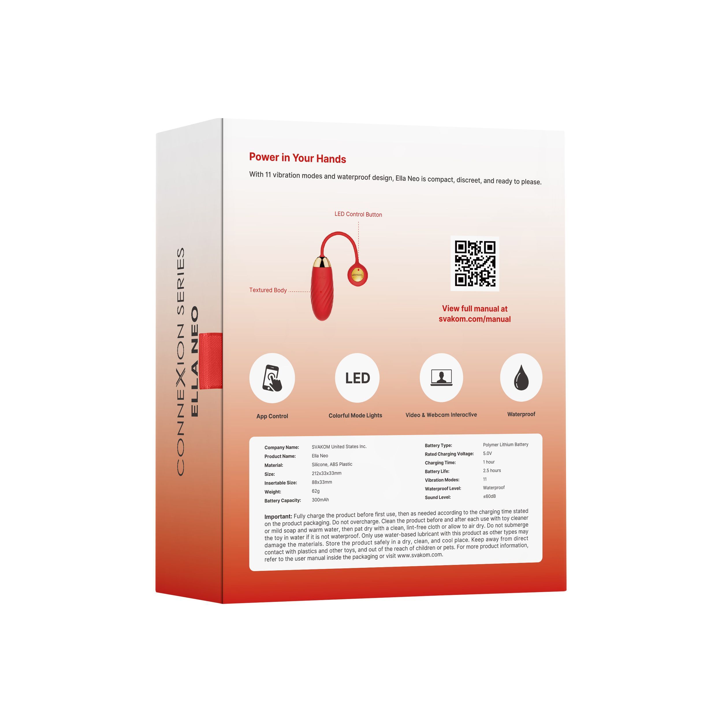 Rückseite der Verpackung von SVAKOM Ella Neo. Informationen zum Produkt und QR-Codes.