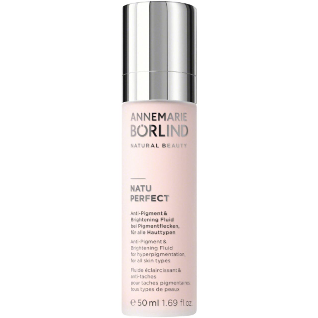 ANNEMARIE BÖRLIND NATU PERFECT Fluid. Rosa Flasche mit silbernem Deckel. Text auf Deutsch, Englisch und Französisch.