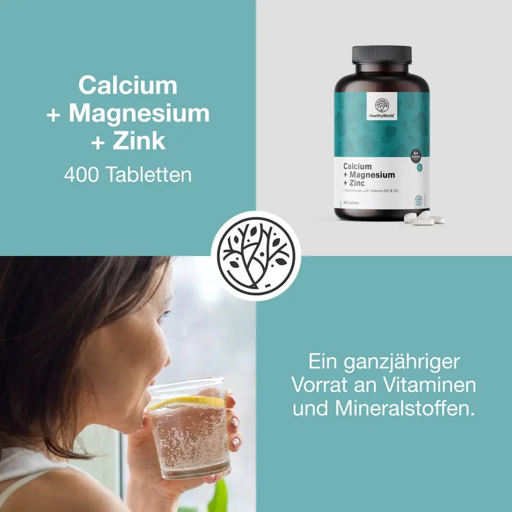 Komposition mit Flasche Calcium + Magnesium + Zink und Frau, die Wasser trinkt. Text: Ein ganzjähriger Vorrat an Vitaminen und Mineralstoffen.