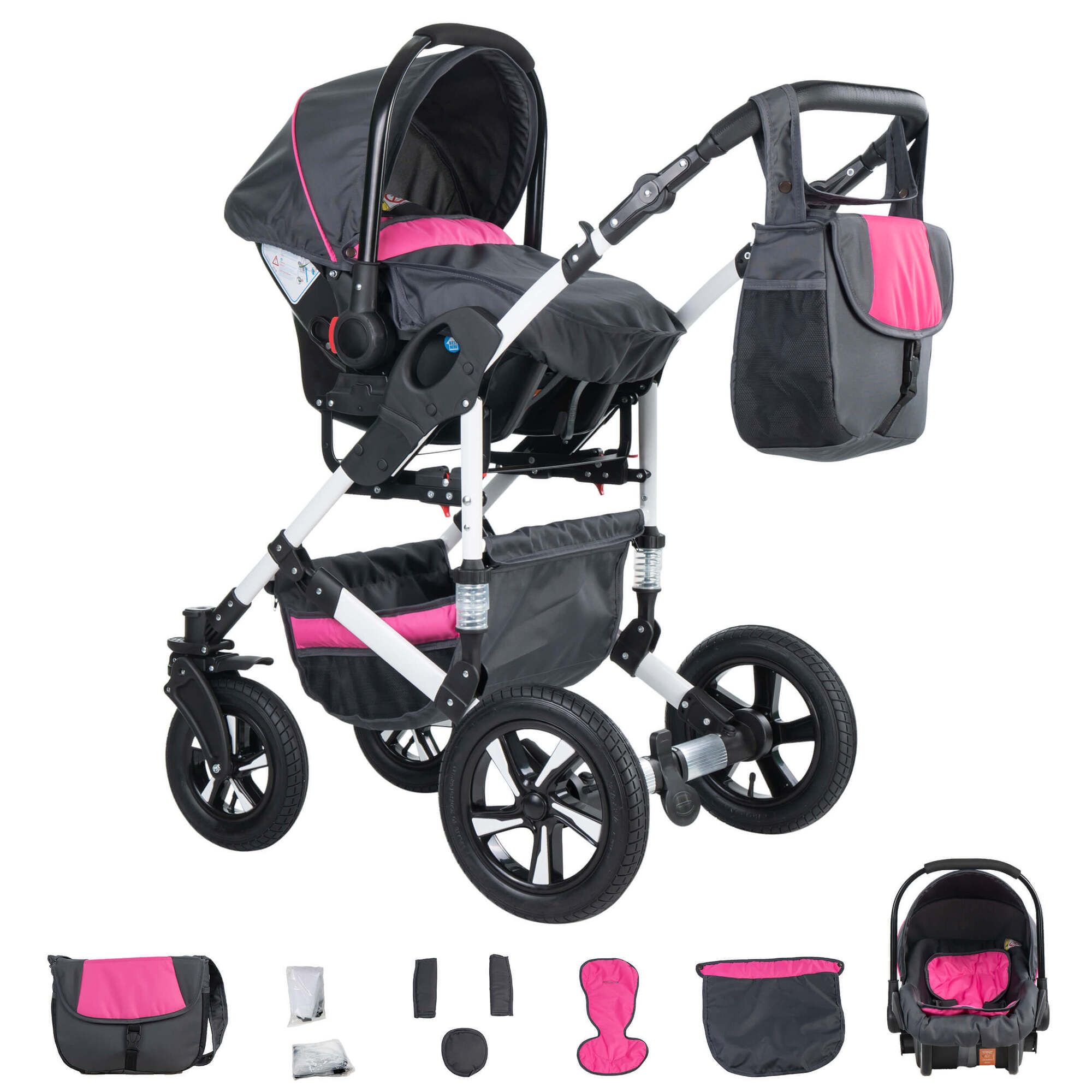 Friedrich Hugo Hamburg 3 in 1 Kinderwagen Set Luftreifen, Grey & Pink