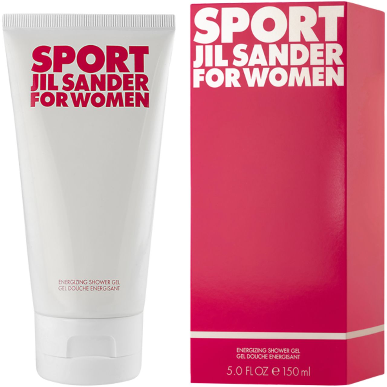 Weißer Tube und rote Verpackung. Auf der Tube: SPORT JIL SANDER FOR WOMEN. Auf der Verpackung: SPORT JIL SANDER FOR WOMEN, 5.0 FL.OZ 150ml.