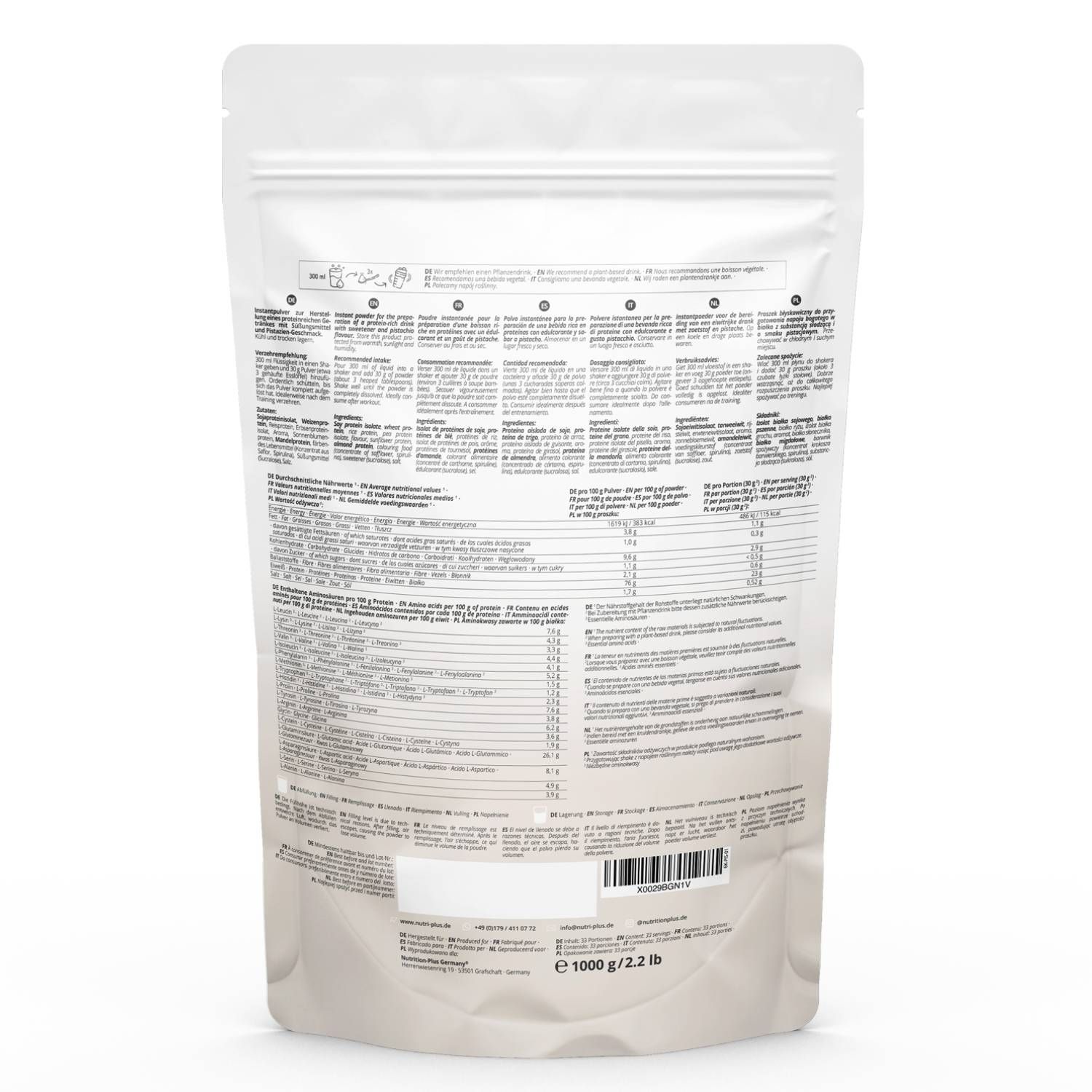 Rückseite des Beutels nutri+ 6K Protein. Enthält Informationen zu Inhaltsstoffen, Nährwerten und Herstellerangaben. Gewicht: 1000 g / 2.2 lb.