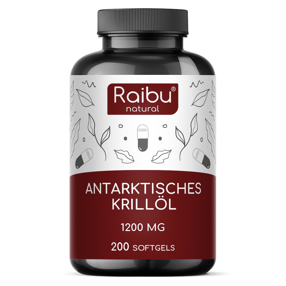 Krillöl Kapseln 1.200 mg, Reich an Omega-3, -6, -9, Astaxanthin und Phospholipiden - Raibu 200 St