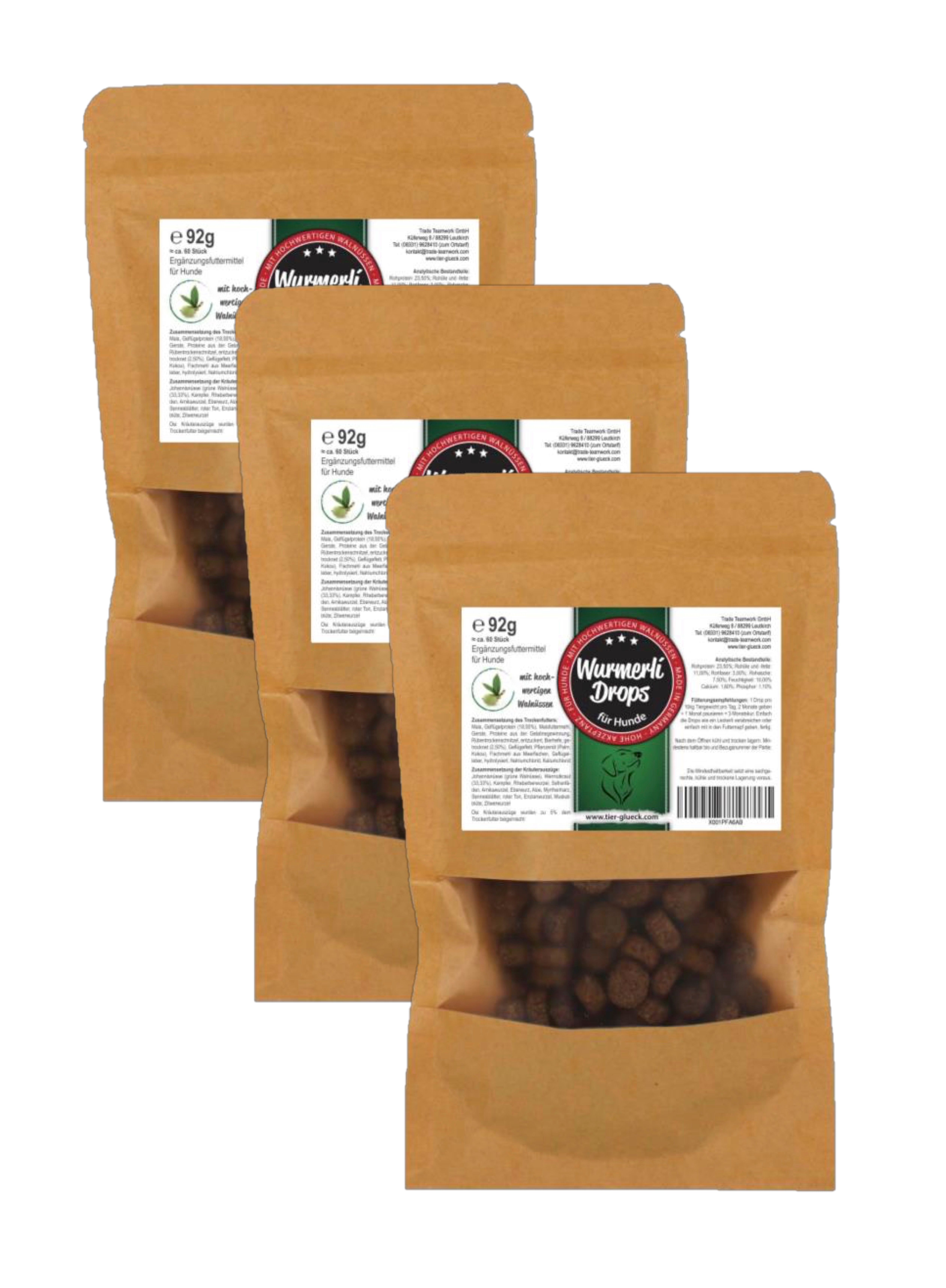 Drei Beutel TierGlück Wurmerli® Drops. Braune Papierbeutel mit Sichtfenster. Produktetikett mit Logo und Text.