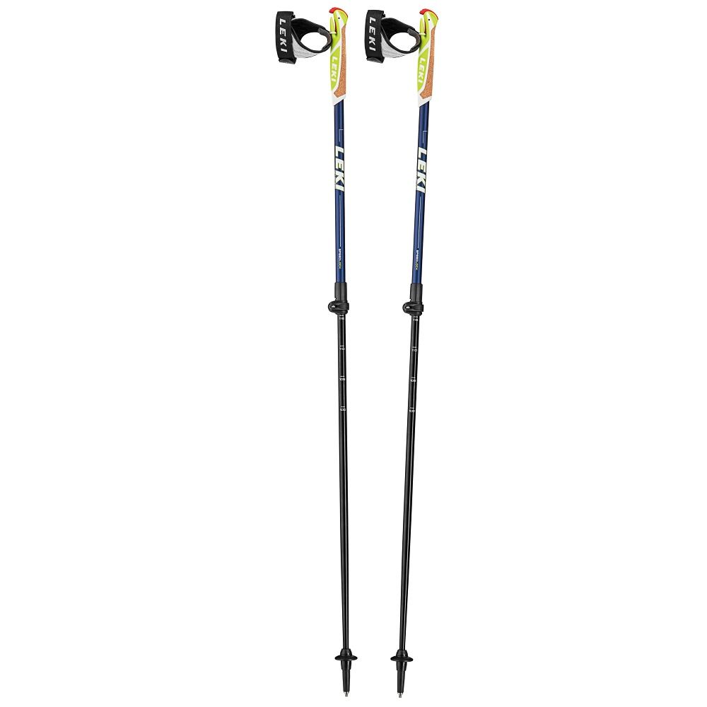 Zwei Nordic Walking Stöcke. Blaue und schwarze Stöcke mit Leki-Logo. Schwarze Griffe und Schlaufen. Spitzen für verschiedene Untergründe.