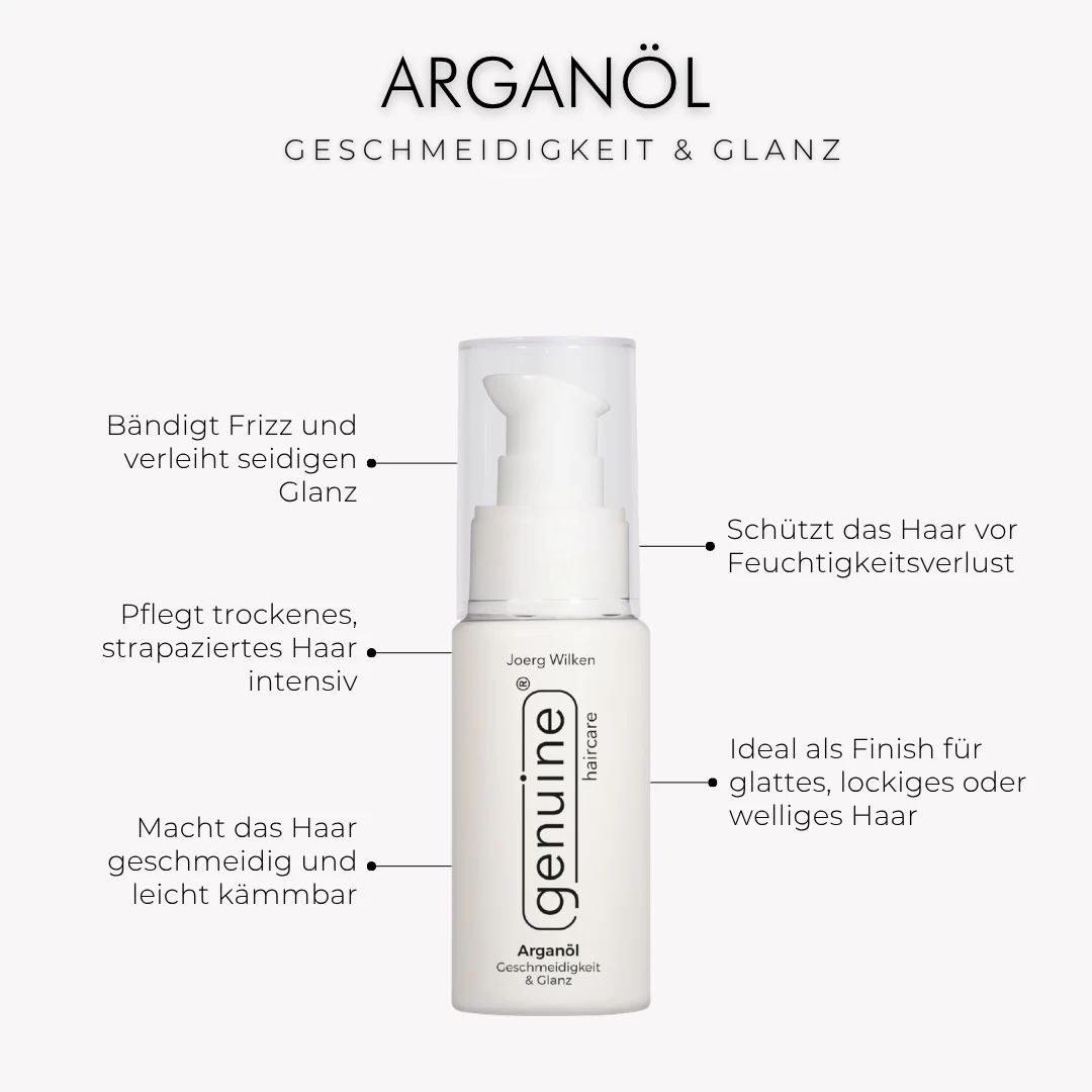 Weiße Flasche mit Pumpverschluss. Text: Arganöl, Geschmeidigkeit & Glanz. Produktinformationen.