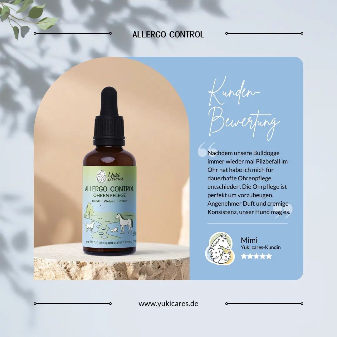 Braune Flasche mit Tropfer. Blaues Etikett mit Text: Allergo Control. Kundenbewertung mit Zitat und Sternebewertung.