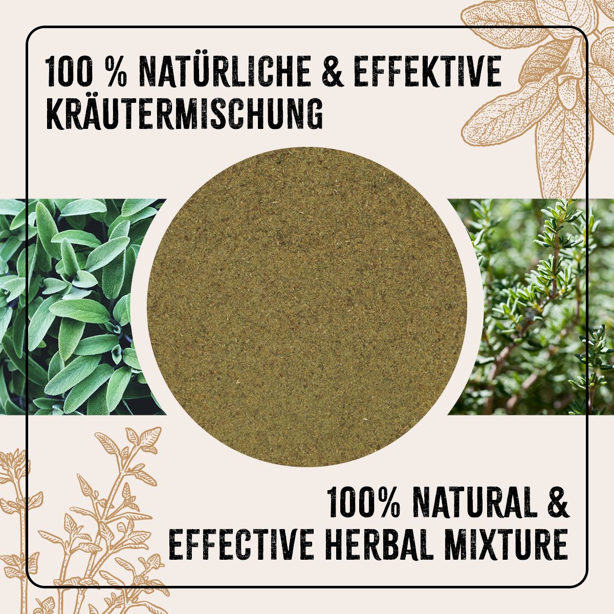 Kreisförmige Darstellung von Kräutern. Text: 100% natürliche & effektive Kräutermischung. 100% natural & effective herbal mixture.