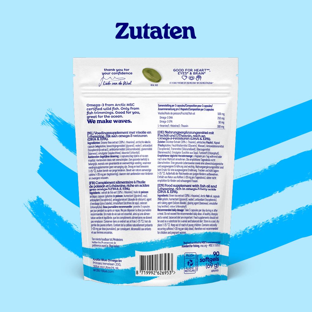 Verpackung eines Omega-3-Nahrungsergänzungsmittels mit 90 Softgels. Enthält Informationen zu Inhaltsstoffen und Dosierung.