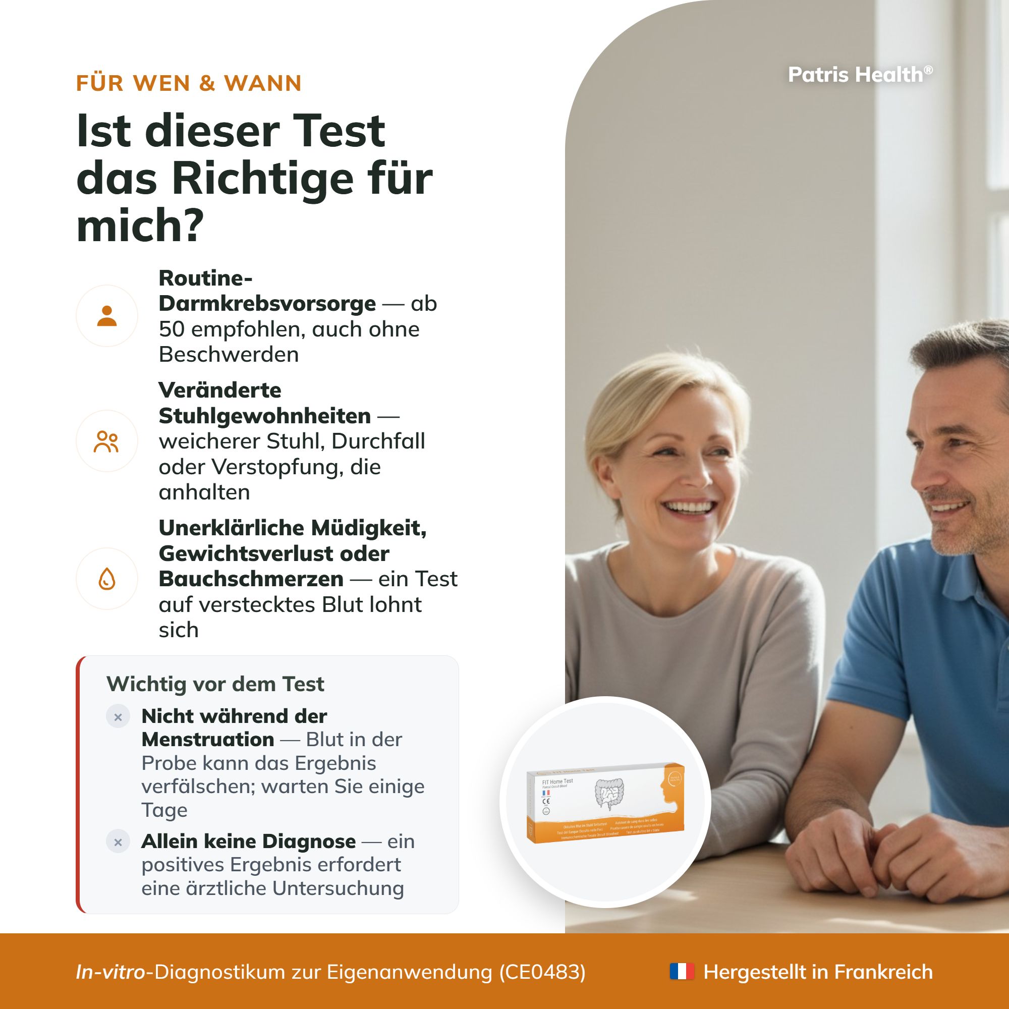 Rückseite der Testkit-Verpackung mit wichtigen Fakten, CE-Zeichen und Herkunftsland.