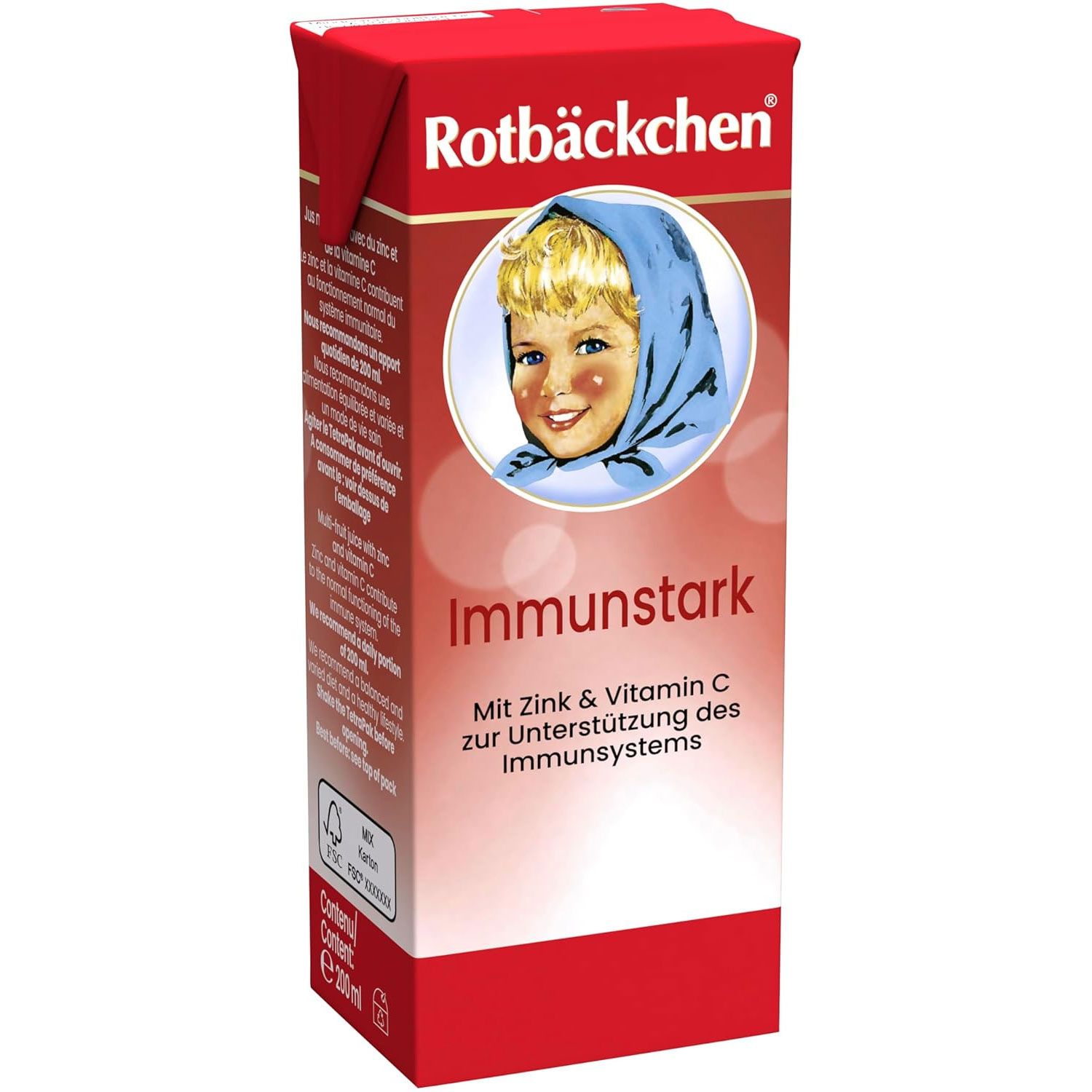 Rotbäckchen Immunstark. Rote Verpackung mit Kind-Illustration. Schriftzug Immunstark, Zink & Vitamin C. Tetrapack.
