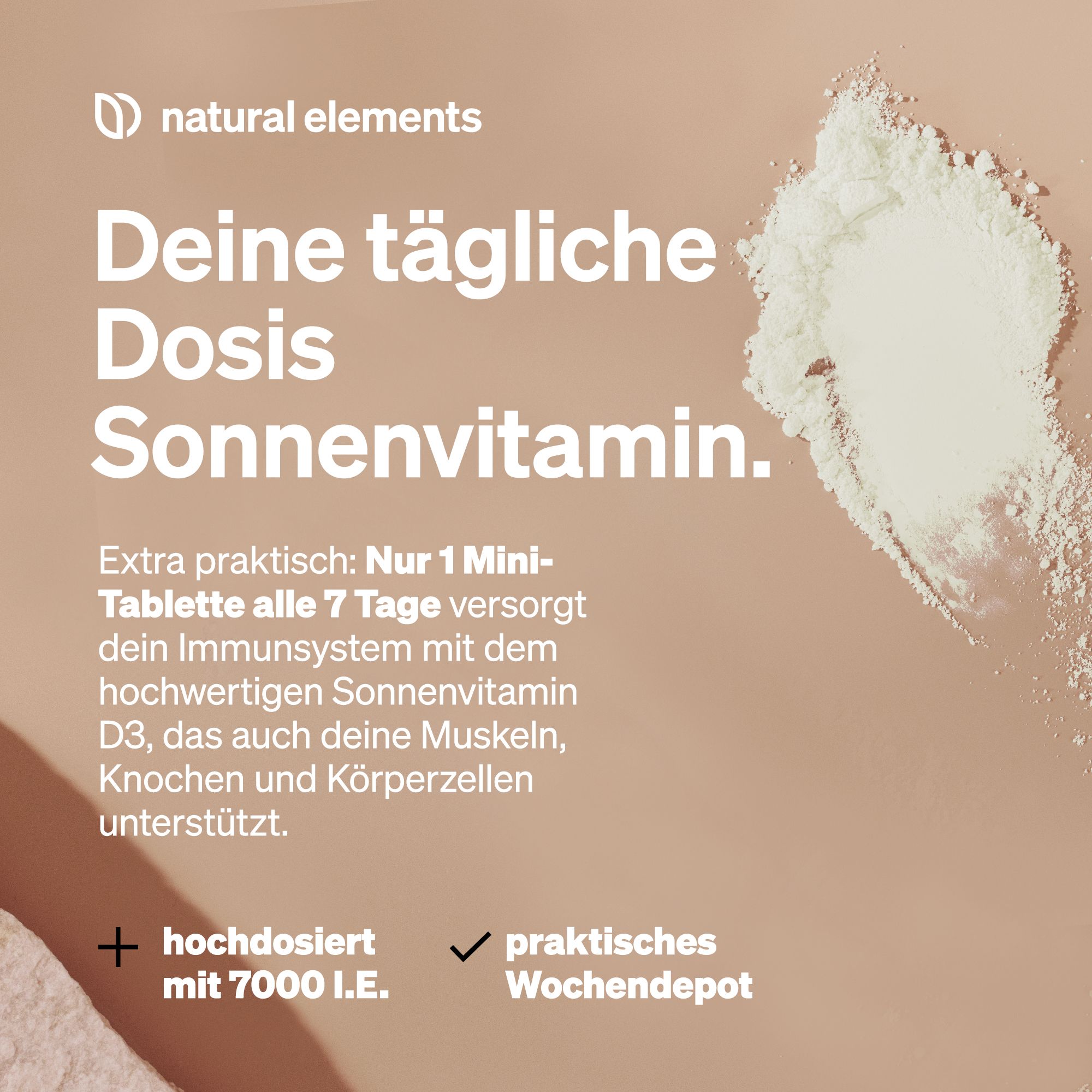 natural elements Vitamin D3 7000 I.E. – 180 Tabletten – das Sonnenvitamin als Wochendepot