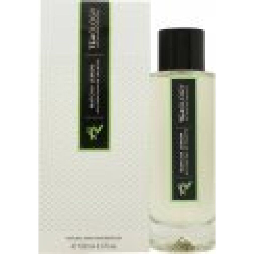 Flakon und Verpackung. Flakon mit schwarzem Deckel, Etikett mit Text. Verpackung mit Logo und Text. Produktname nicht sichtbar.