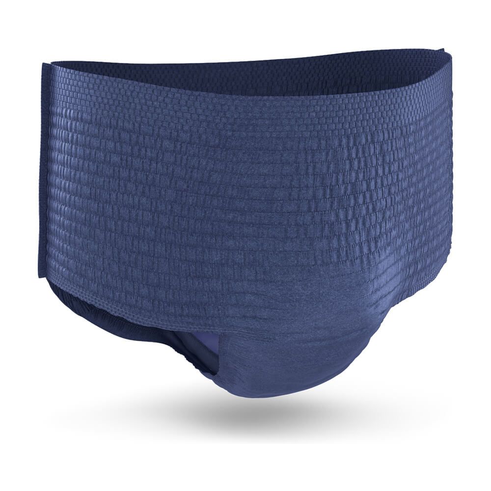 Blaue TENA MEN Active Fit Pants Plus L/XL. Inkontinenzhose mit strukturierter Oberfläche. Sichtbare Größe L/XL.