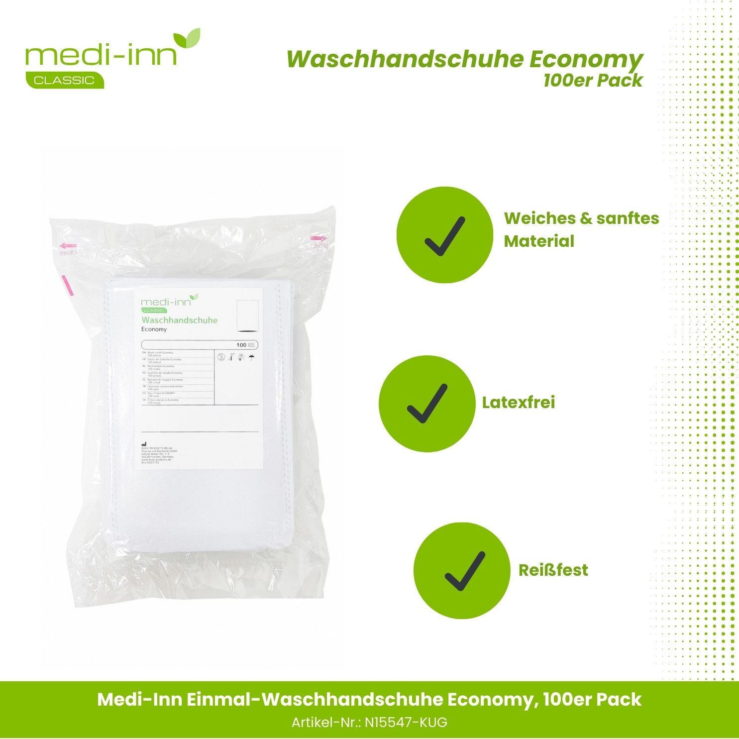 Medi-Inn Einmal-Waschhandschuhe Economy: Packung mit weichem, latexfreiem und reißfestem Material.
