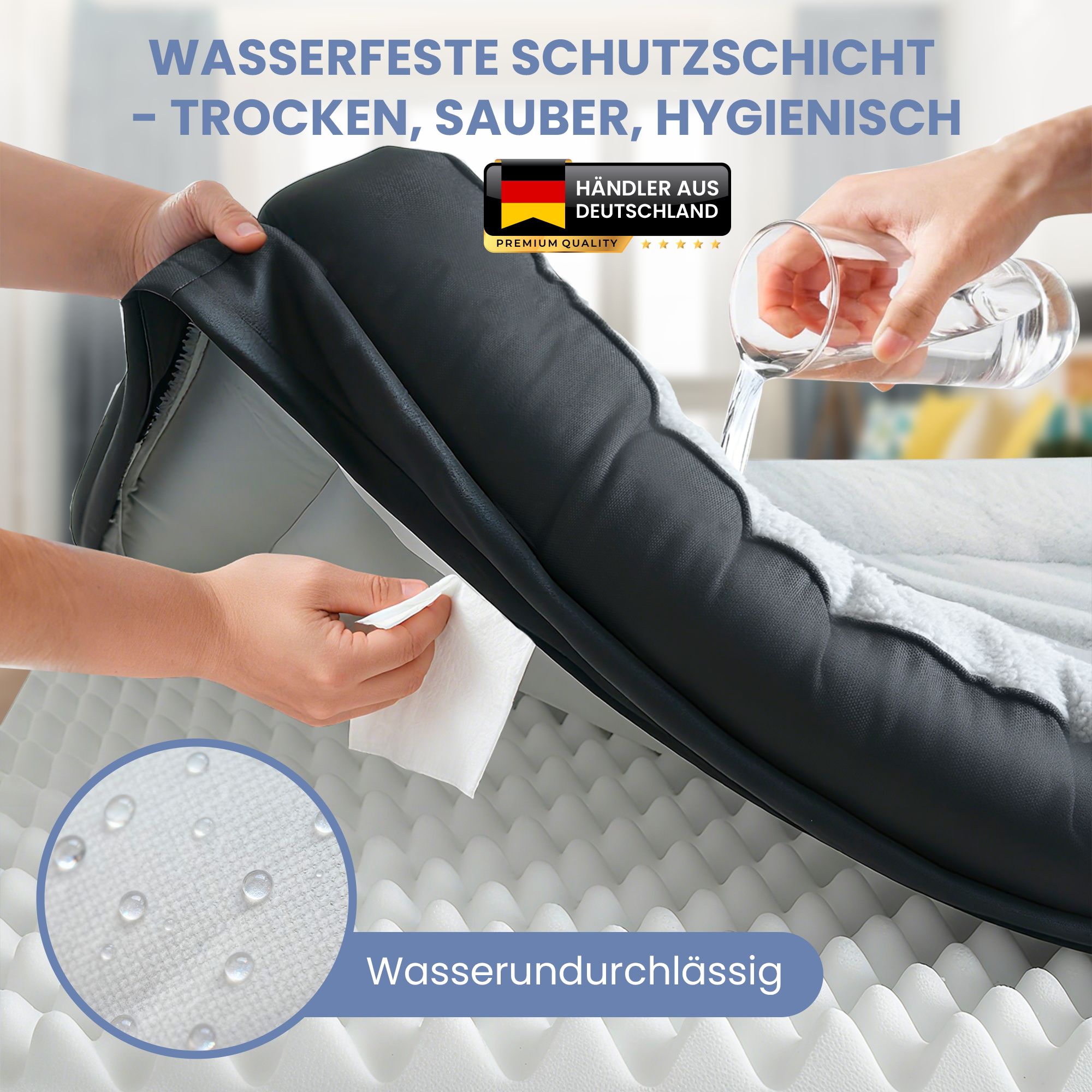 Hundebett mit wasserfester Schutzschicht. Wasser perlt ab. Trocken, sauber, hygienisch. Schwarzes Hundebett.