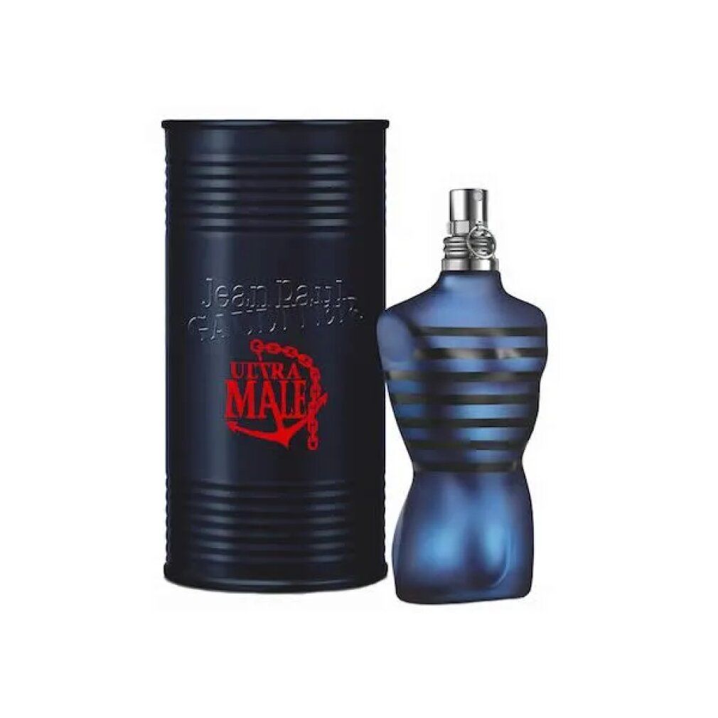 Blauer Flakon in Torsoform und Dose. Dose mit Aufdruck 'Jean Paul Gaultier Ultra Male'.