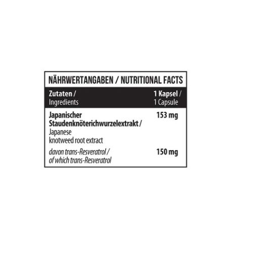 Tabelle mit Nährwertangaben. Zutaten: Japanischer Staudenknöterichwurzelextrakt, 153mg, davon trans-Resveratrol 150mg.