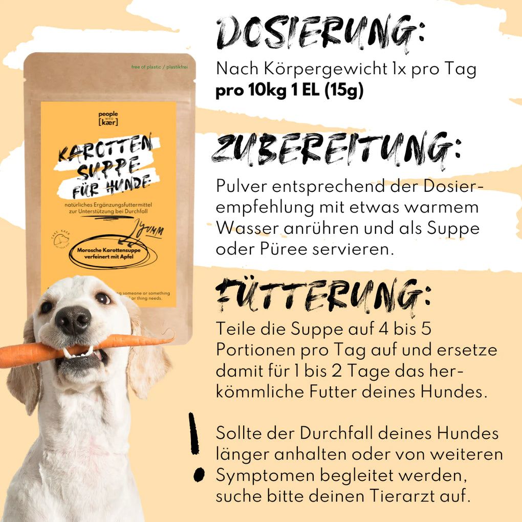 Hund mit Karotte im Maul, Beutel mit Produkt. Text: Dosierung, Zubereitung, Fütterung. Natürliches Ergänzungsfuttermittel zur Unterstützung bei Durchfall.