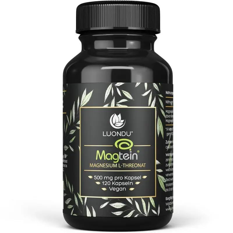 Schwarze Flasche mit Kapseln. Luondu Magtein Magnesium L-Threonat. 500 mg pro Kapsel, 120 Kapseln, Vegan.