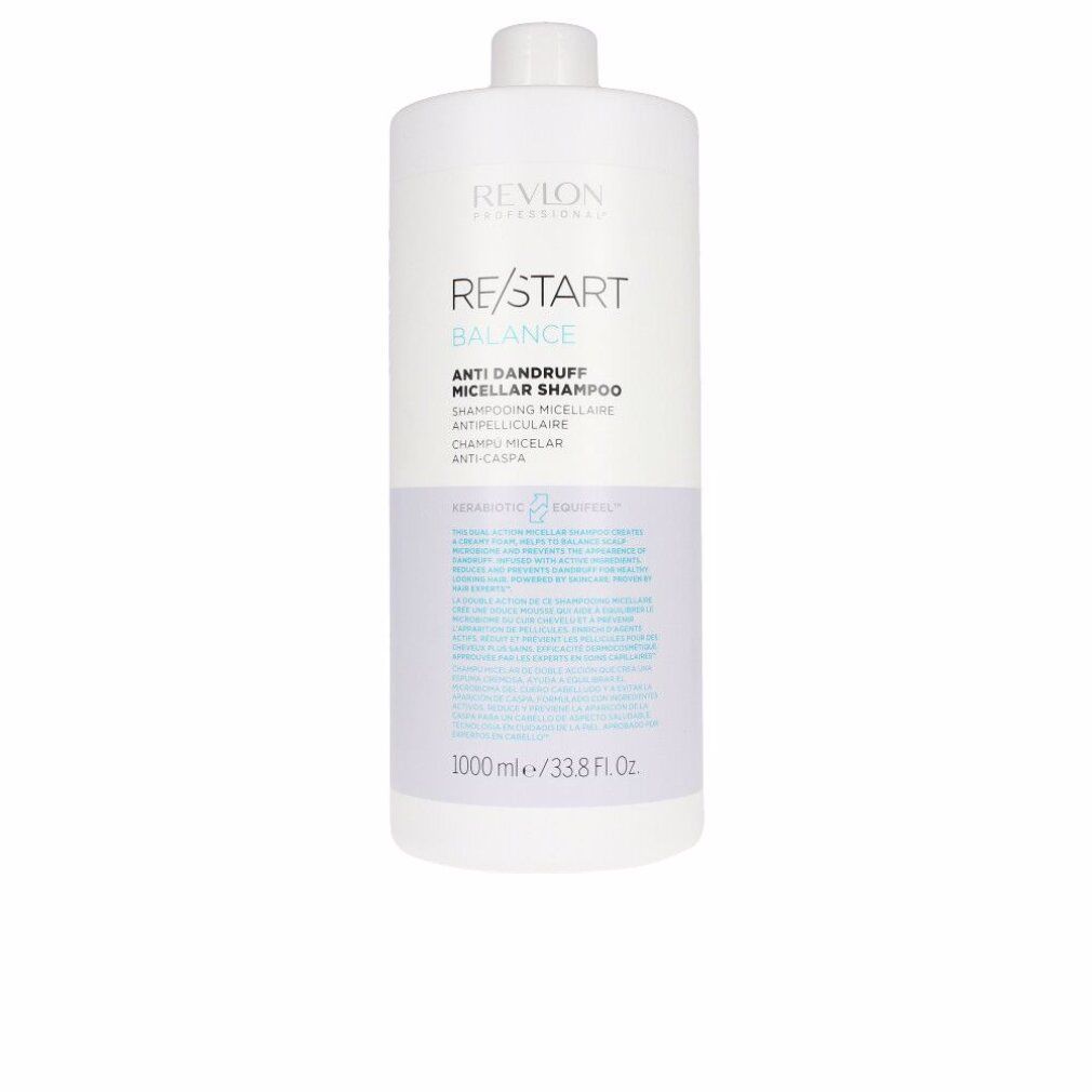 Weiße Flasche Revlon Re-Start Balance Anti-Schuppen Micellar Shampoo. Text: Anti-Schuppen, 1000 ml/33.8 fl oz.