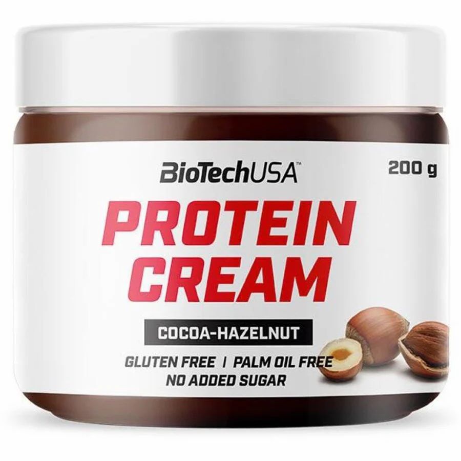 Behälter mit Protein Cream. Aufschrift: BioTechUSA, Protein Cream, Cocoa-Hazelnut. Glutenfrei, ohne Palmöl, ohne Zuckerzusatz. 200g.